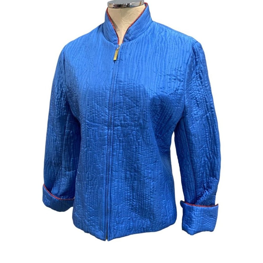 Large Carol Little Women's Blue Quited Silk Full Zip Jacket